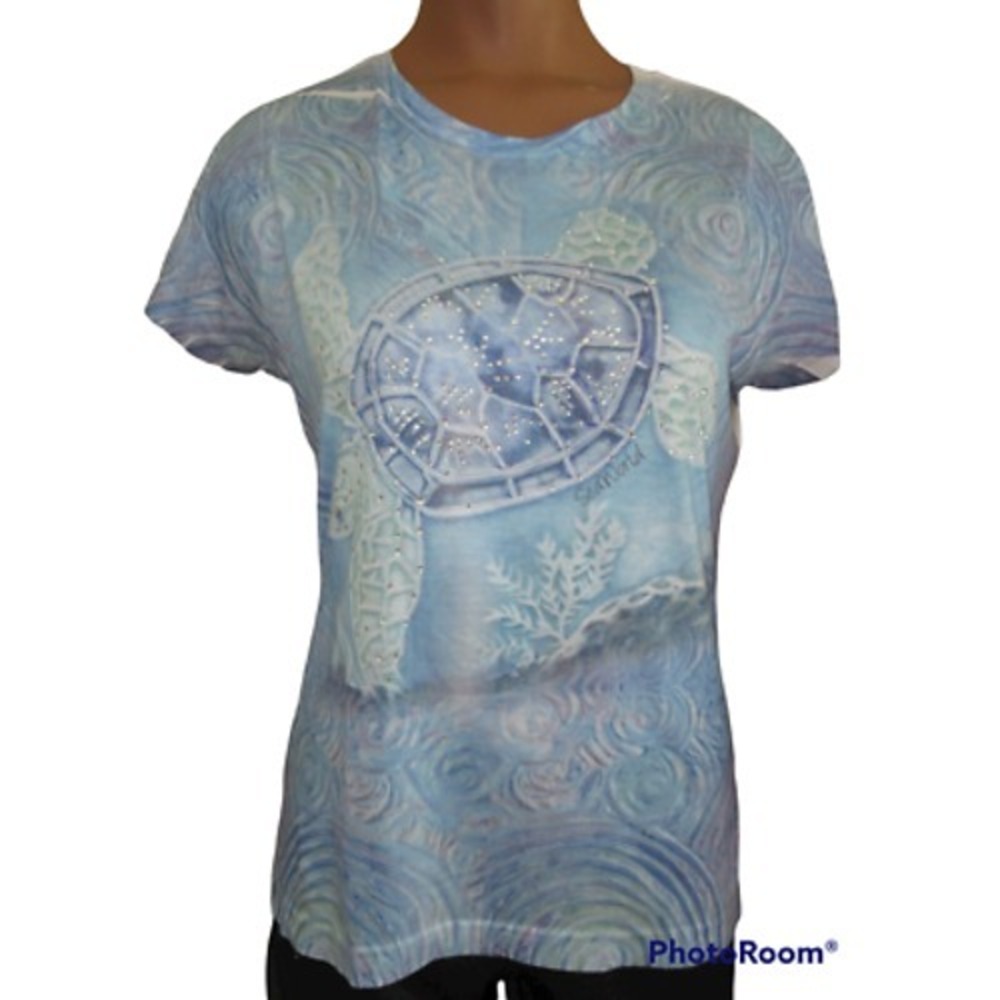 Women Sea World blue green swirls sea turtle gems t-shirt top M Medium Small fit
